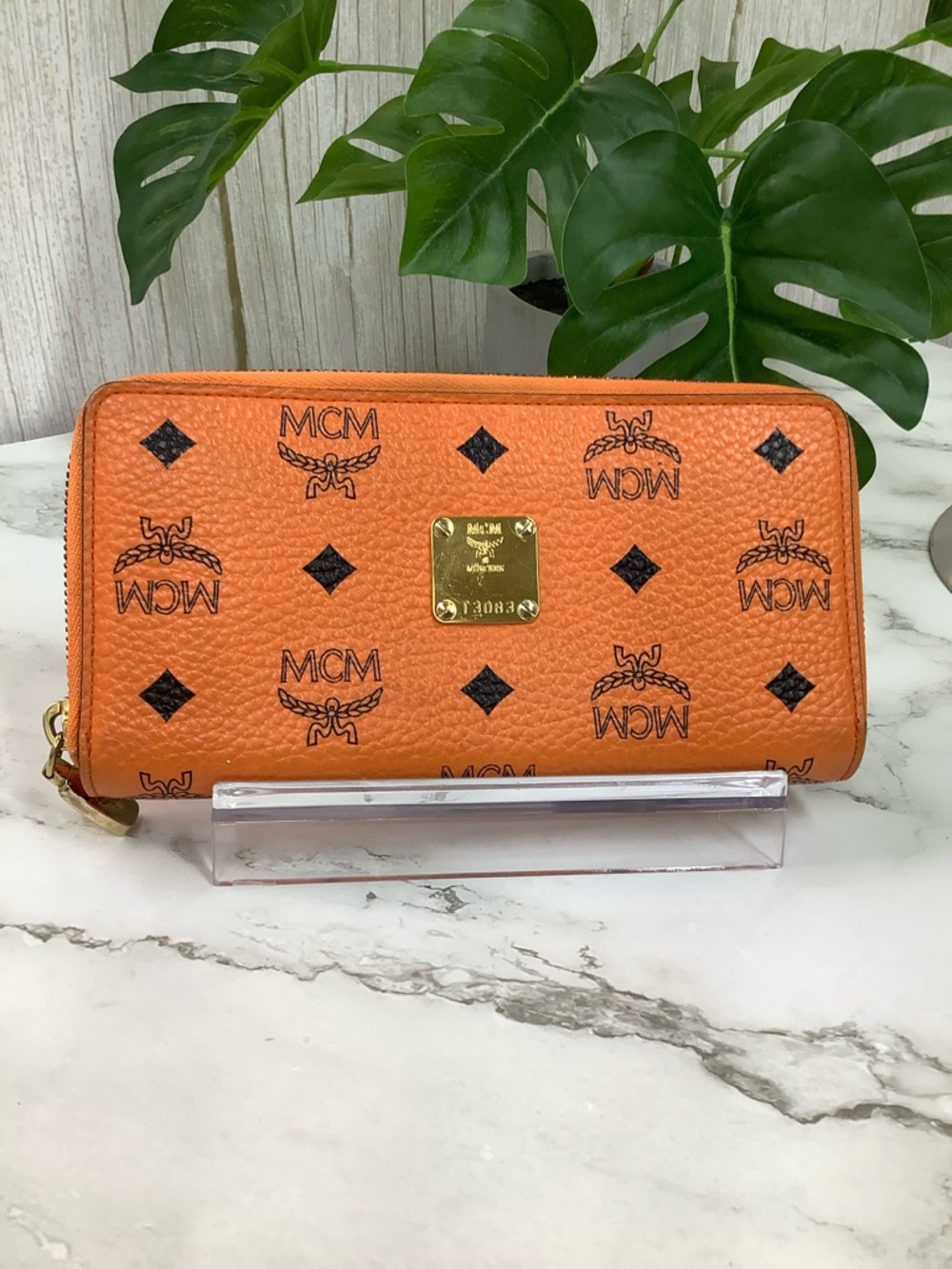 GUC MCM Orange Logo Continental Zip Wallet with Gold Plaque